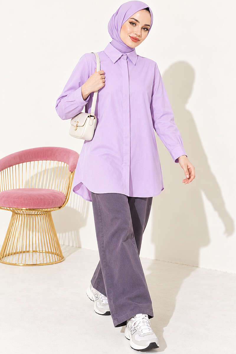 Classic-Collar Curved-Hem Shirt - Lilac