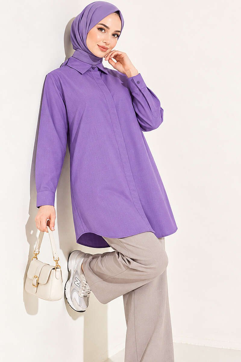 Classic-Collar Curved-Hem Shirt - Violet