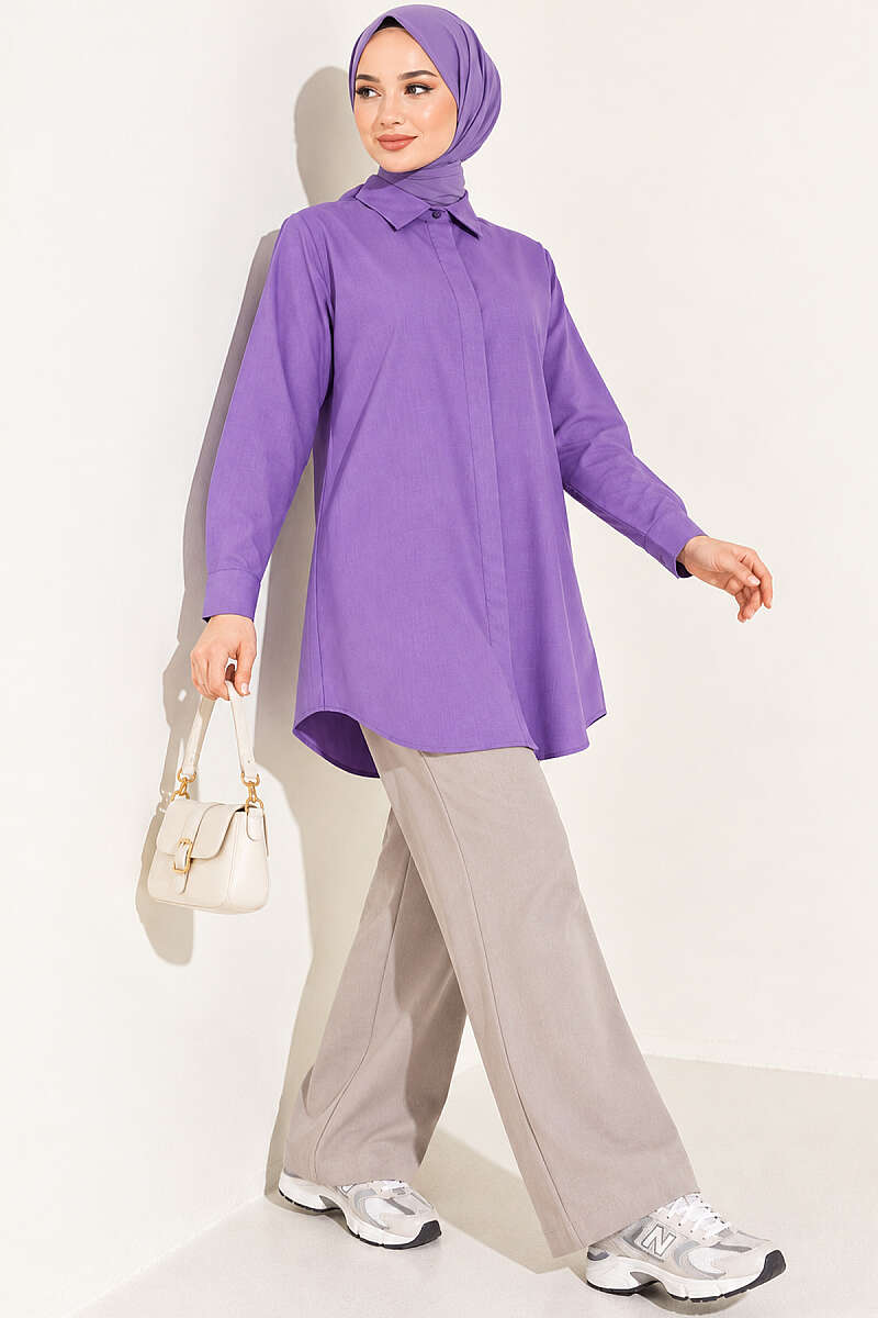 Classic-Collar Curved-Hem Shirt - Violet