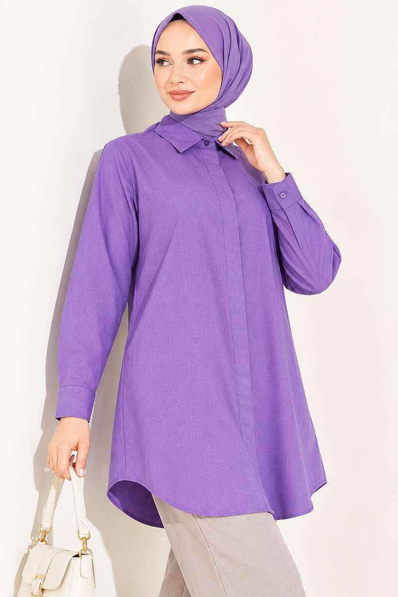 Classic-Collar Curved-Hem Shirt - Violet