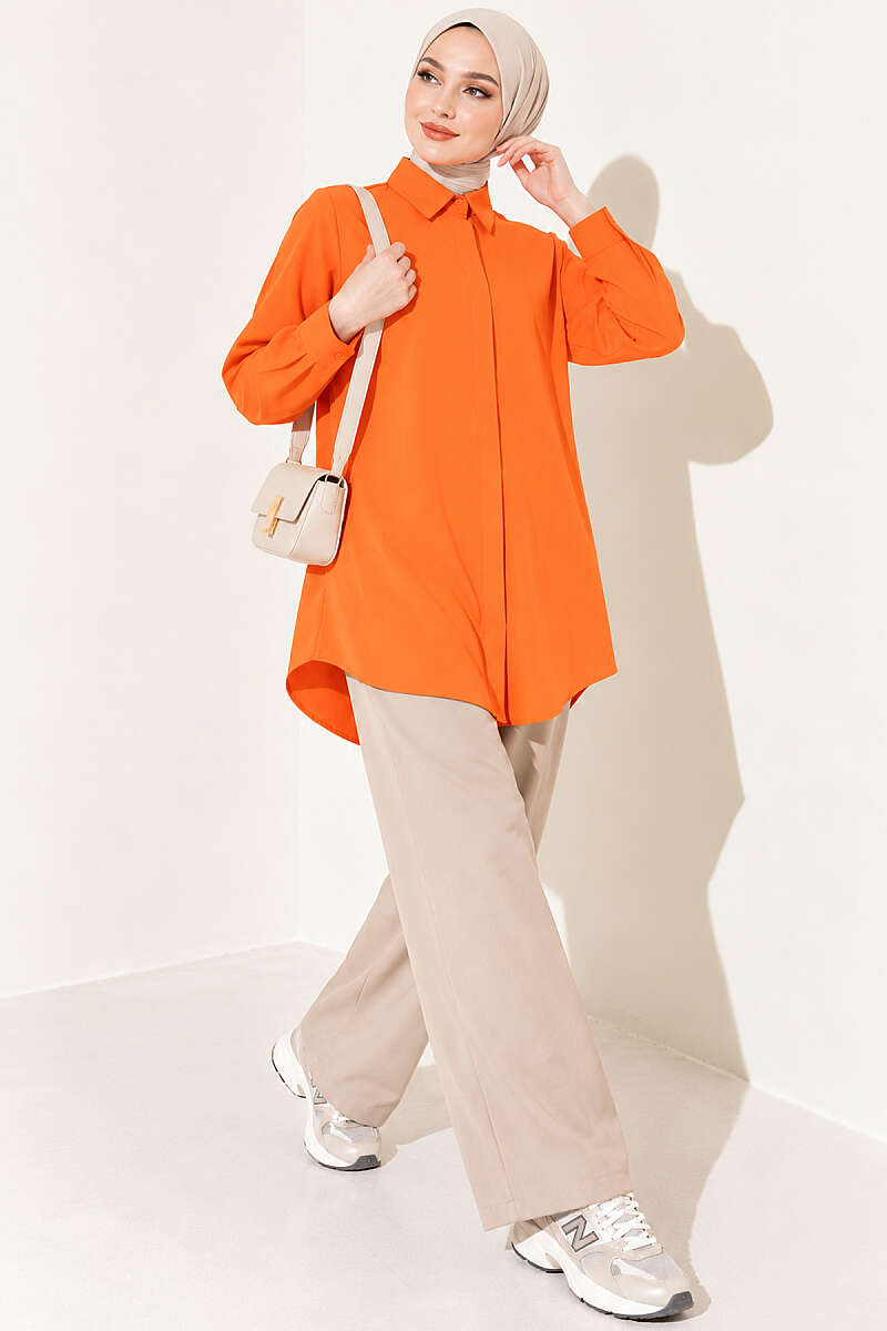 Classic-Collar Curved-Hem Shirt - Orange