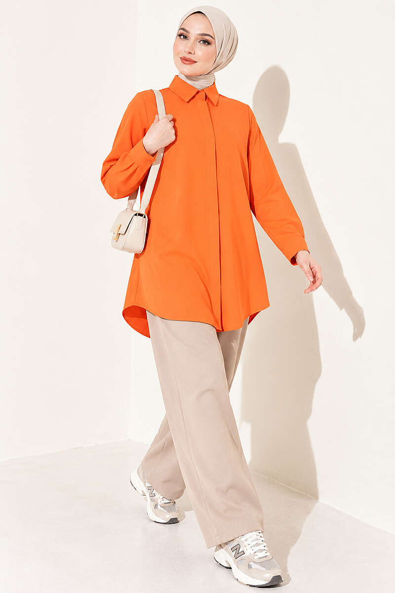Classic-Collar Curved-Hem Shirt - Orange