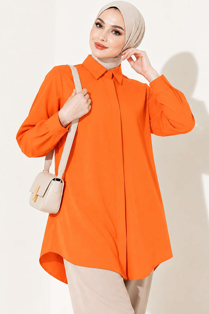 Classic-Collar Curved-Hem Shirt - Orange