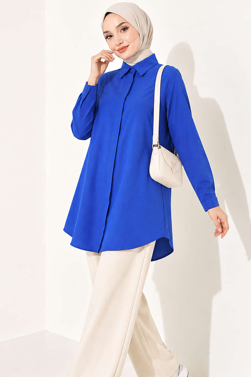 Classic-Collar Curved-Hem Shirt - Saxe Blue