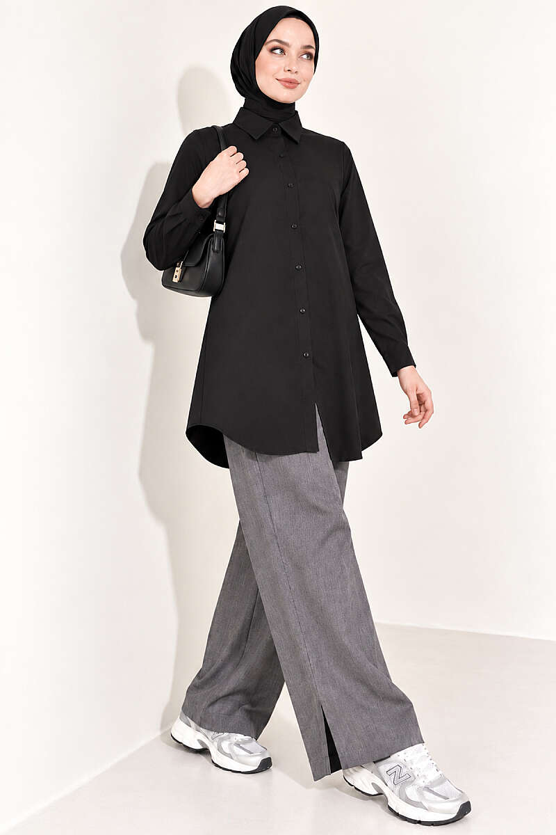 Classic-Collar Curved-Hem Shirt - Black