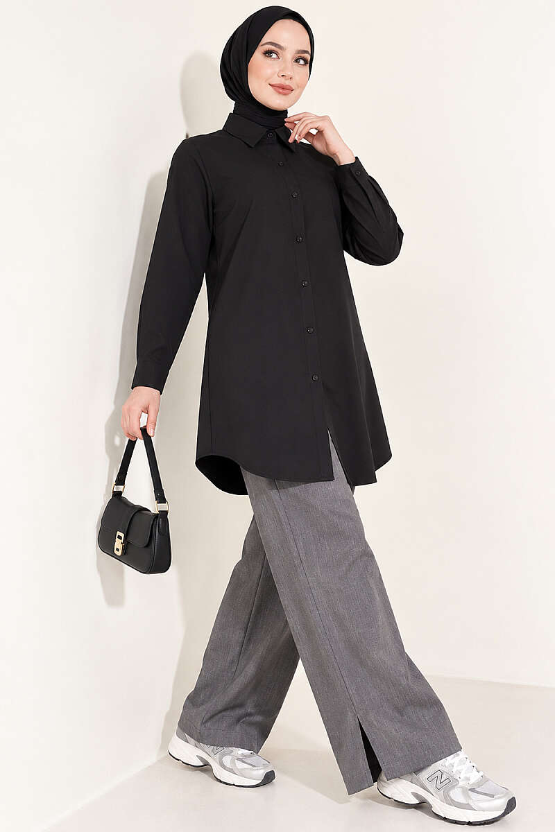 Classic-Collar Curved-Hem Shirt - Black