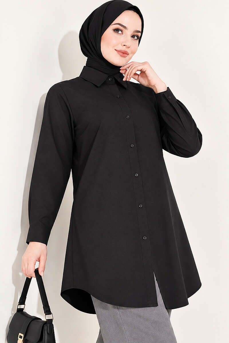 Classic-Collar Curved-Hem Shirt - Black