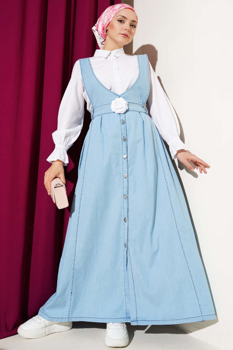 Flared Light Denim Pinafore with Elastic Waist - Ice Blue