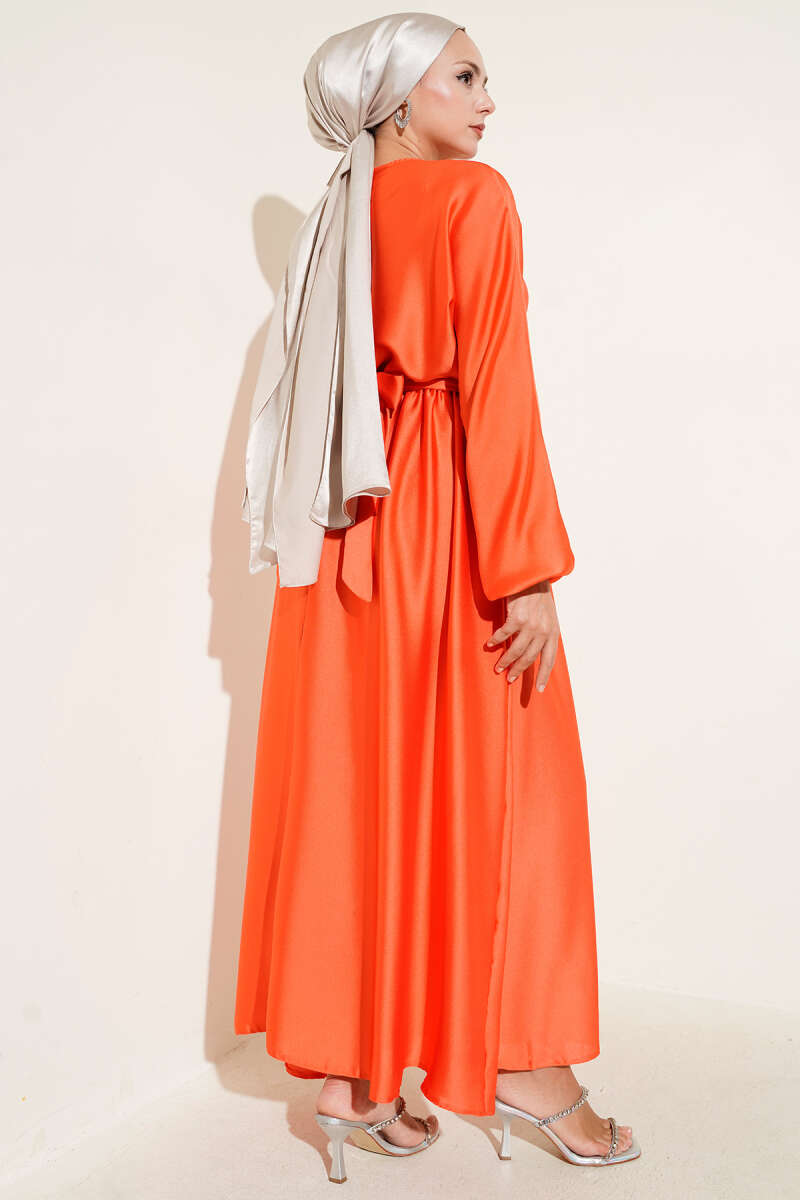Flared Evening Dress with Elastic Waist - Orange