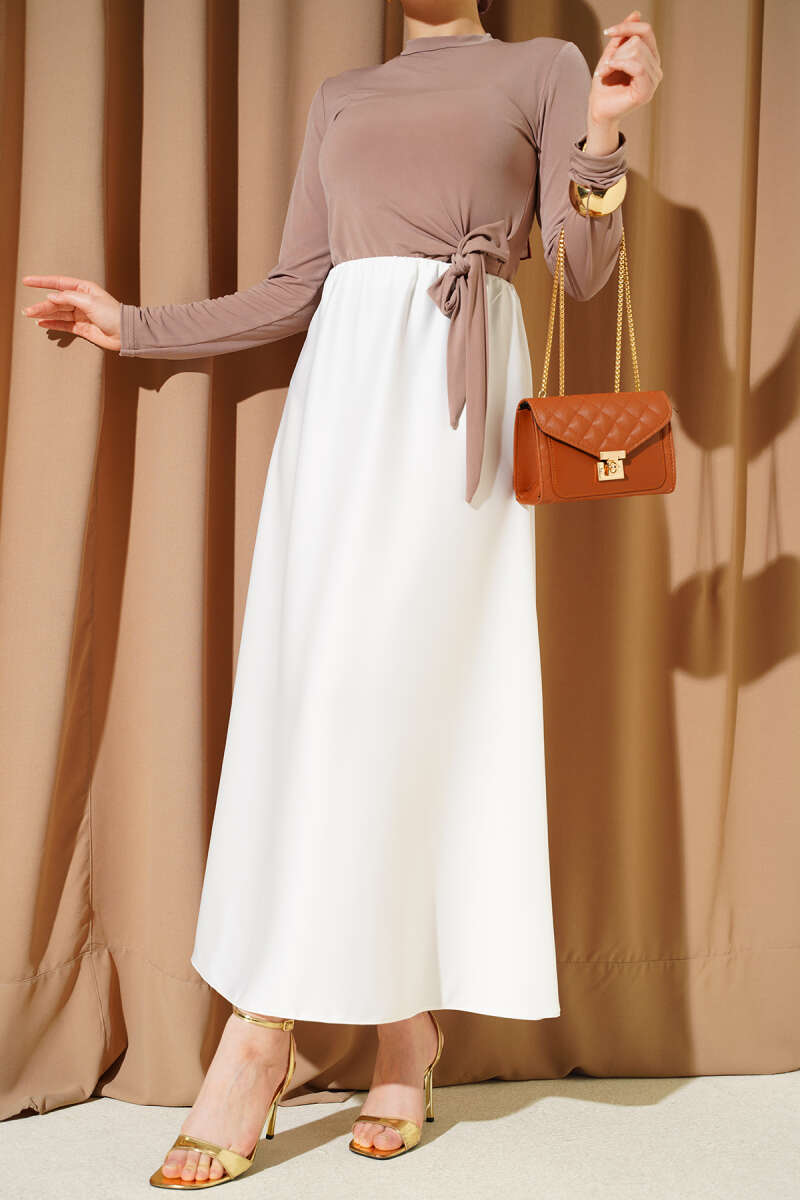 Flared Satin Skirt with Elastic Waist - Ecru