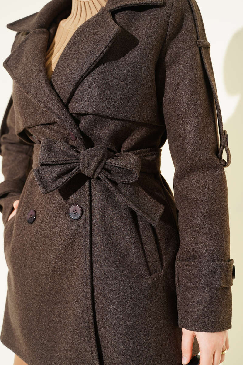 Short Panelled Felt Coat with Sleeve Tabs - Dark Brown