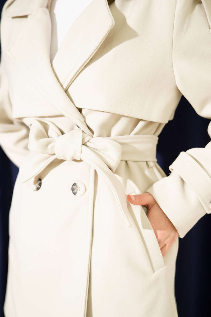 Short Panelled Felt Coat with Sleeve Tabs - Beige