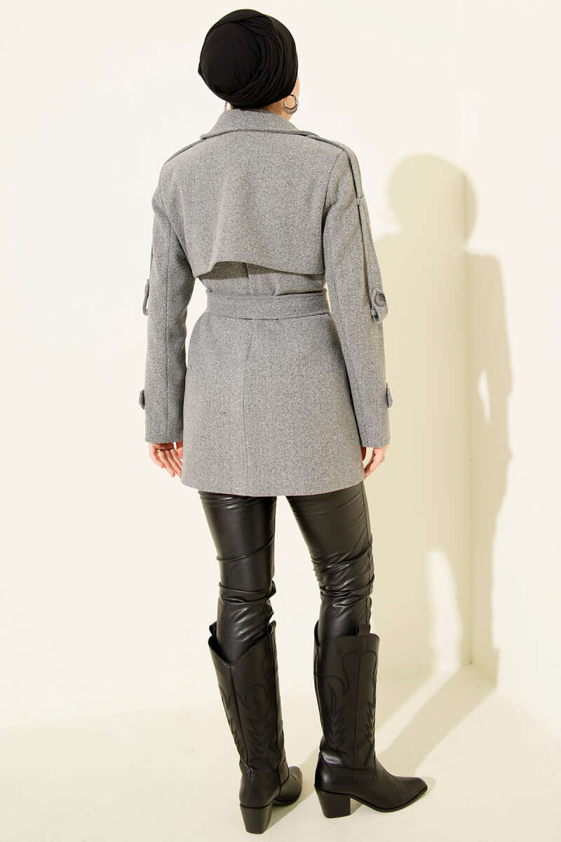 Short Panelled Felt Coat with Sleeve Tabs - Smoke Grey