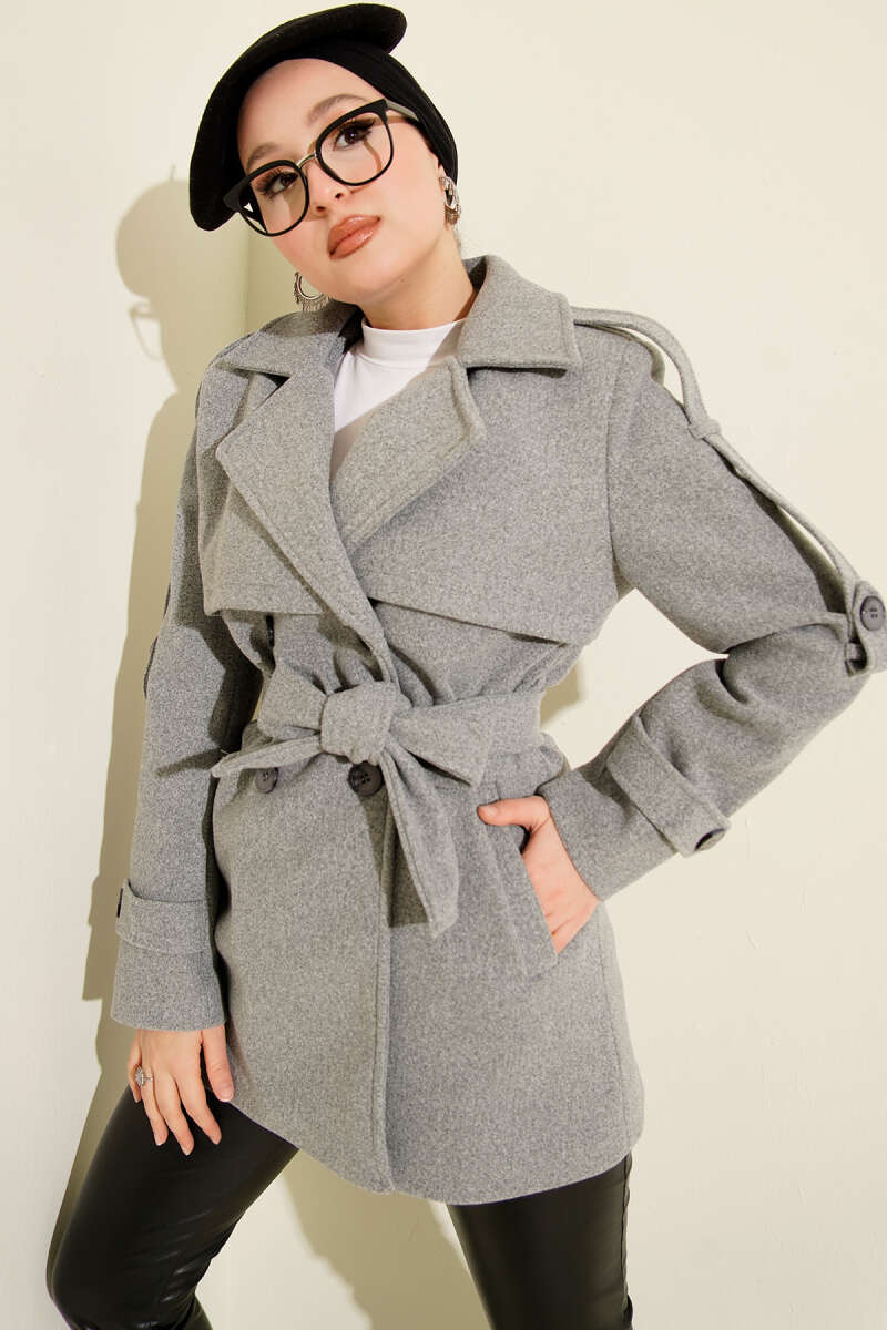 Short Panelled Felt Coat with Sleeve Tabs - Grey