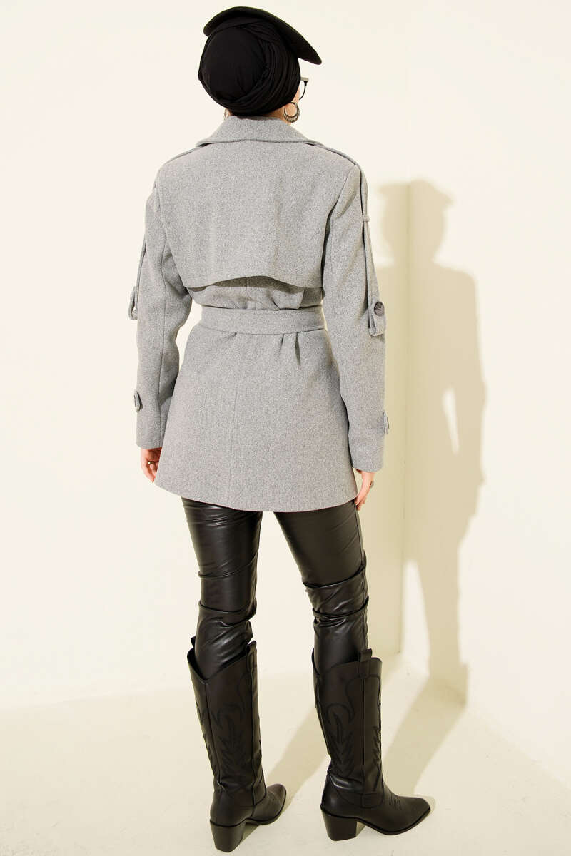 Short Panelled Felt Coat with Sleeve Tabs - Grey