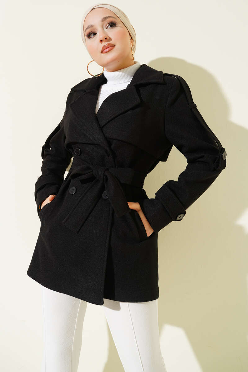 Short Panelled Felt Coat with Sleeve Tabs - Black