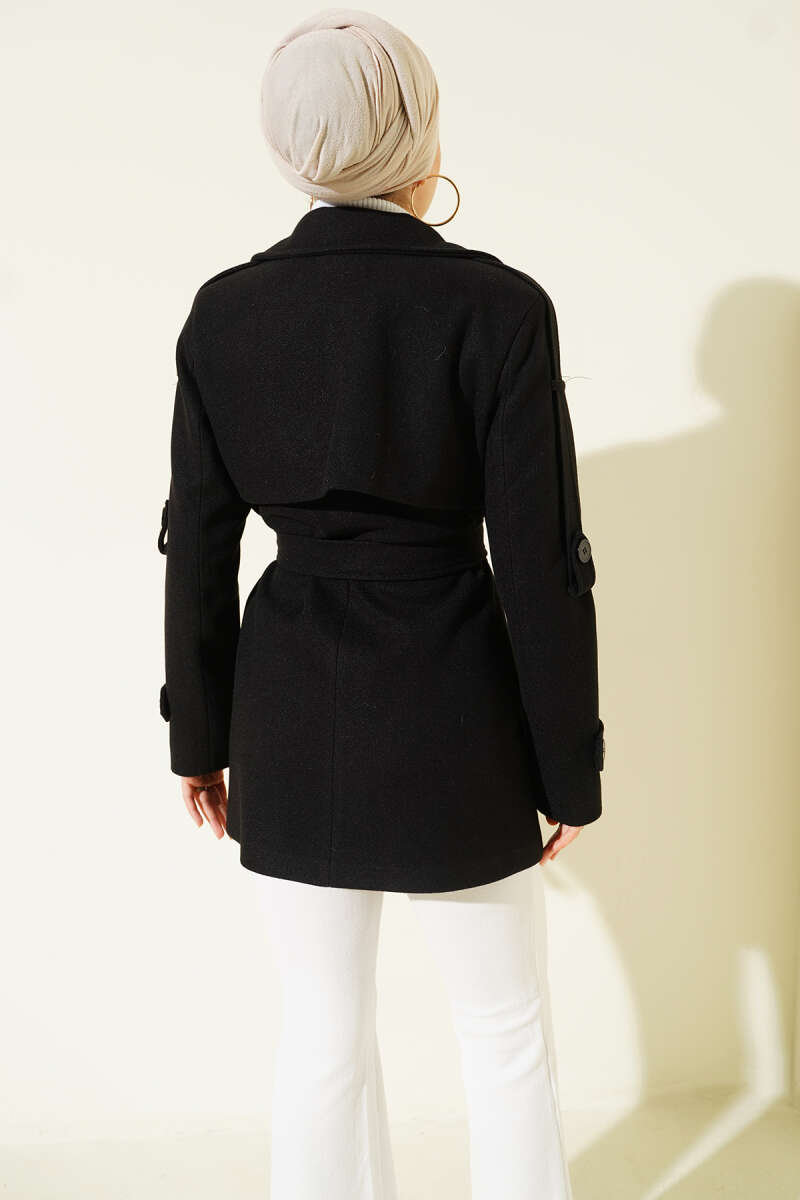 Short Panelled Felt Coat with Sleeve Tabs - Black