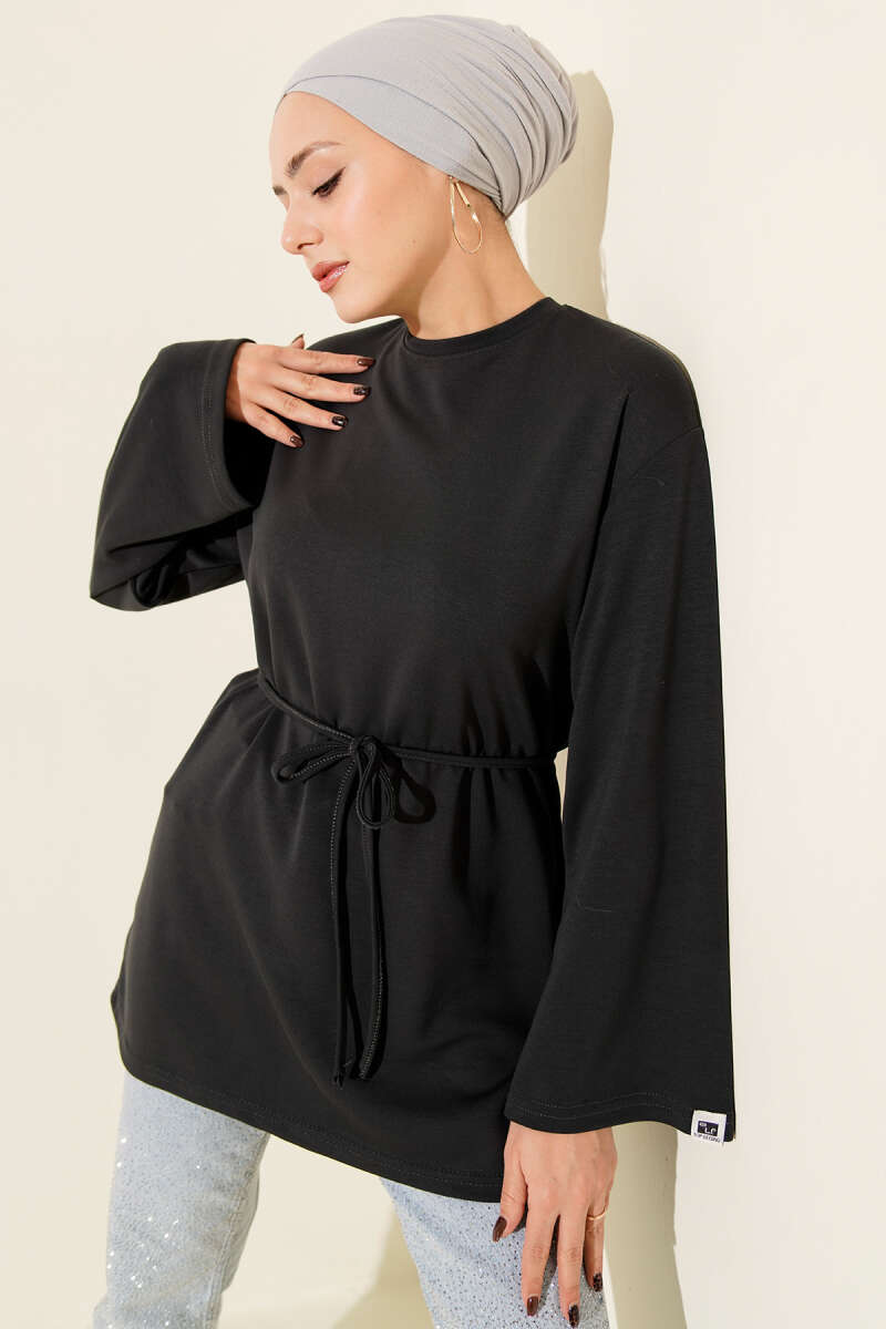 Loycha Tunic with Sleeve Badge and Tie Belt - Charcoal