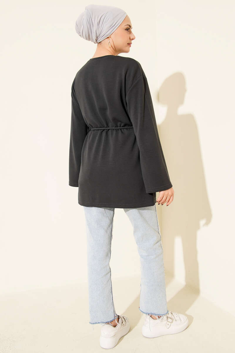 Loycha Tunic with Sleeve Badge and Tie Belt - Charcoal