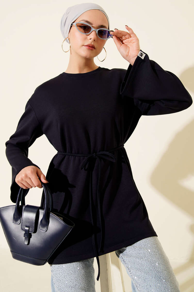 Loycha Tunic with Sleeve Badge and Tie Belt - Navy