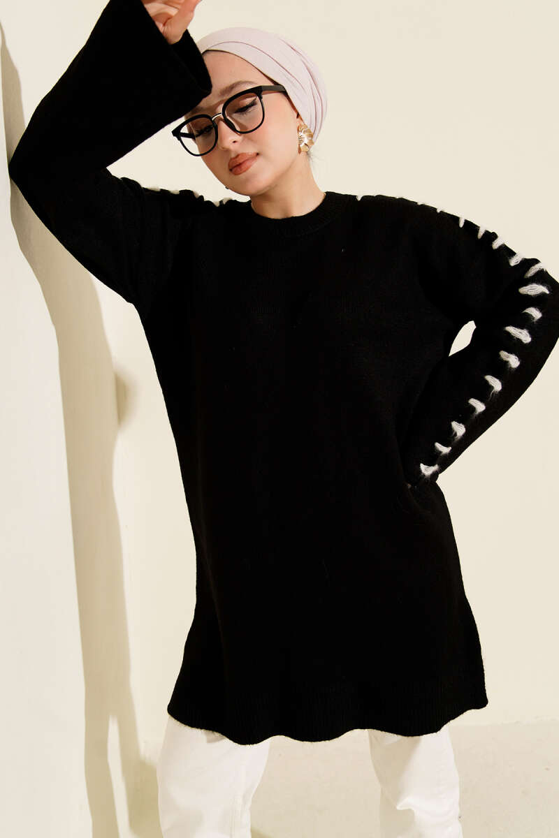 Knit Tunic with Lace-Up Sleeves - Black