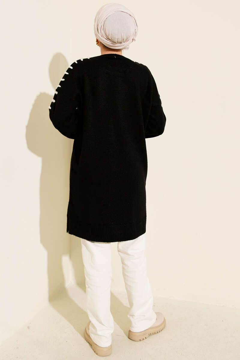 Knit Tunic with Lace-Up Sleeves - Black