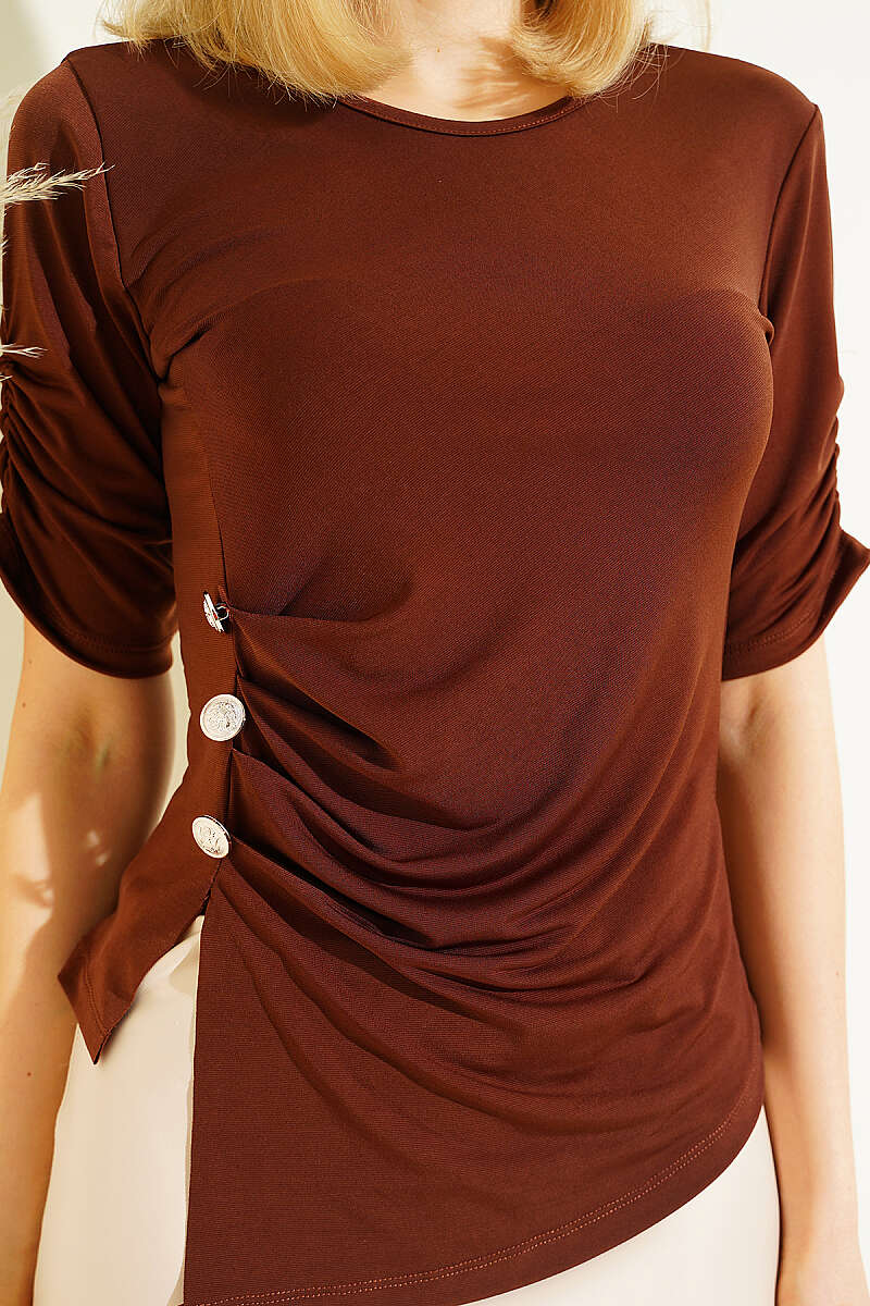Sandy Blouse with Gathered Sleeves and Buttons - Brown