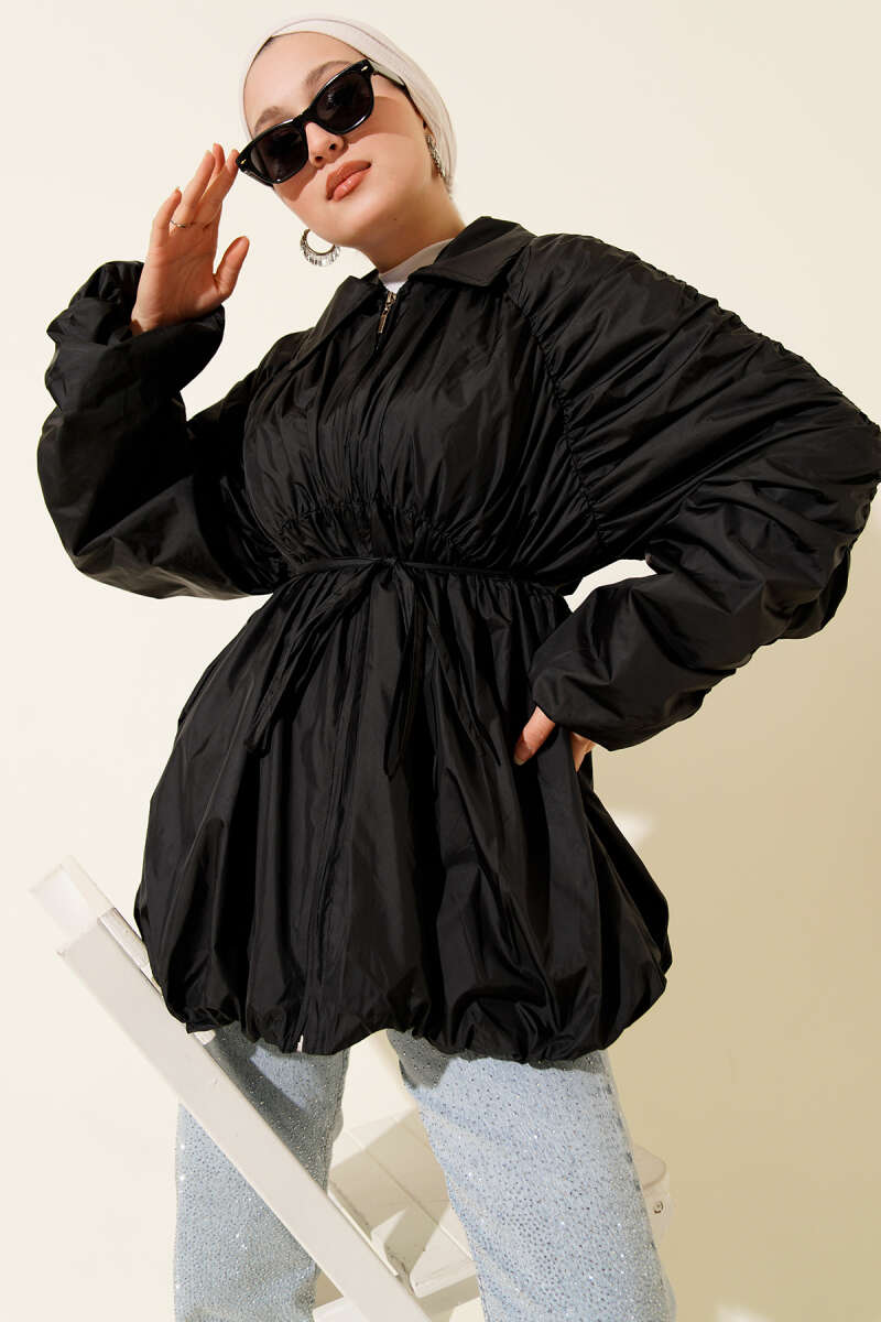 Zip Trench Coat with Gathered Sleeves - Black