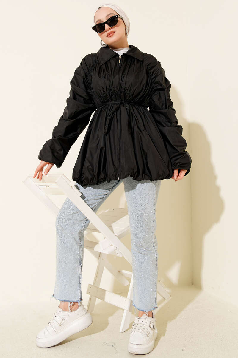Zip Trench Coat with Gathered Sleeves - Black