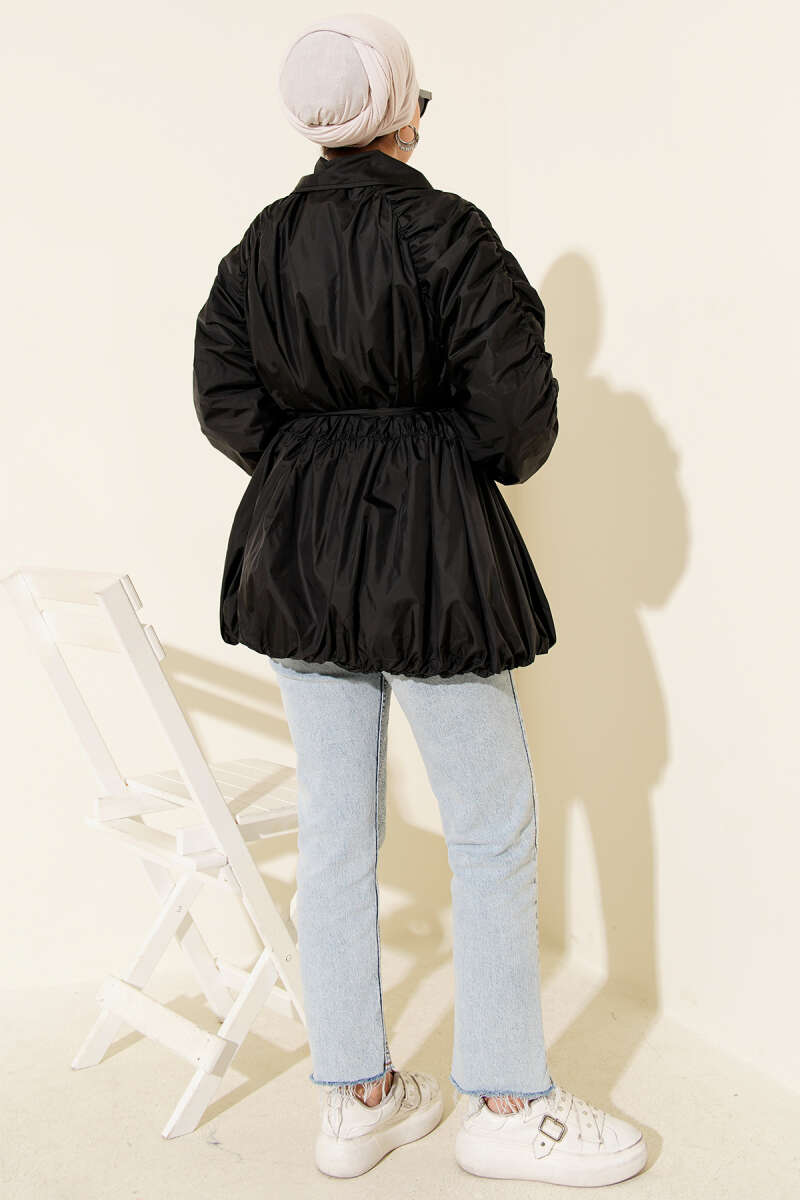 Zip Trench Coat with Gathered Sleeves - Black