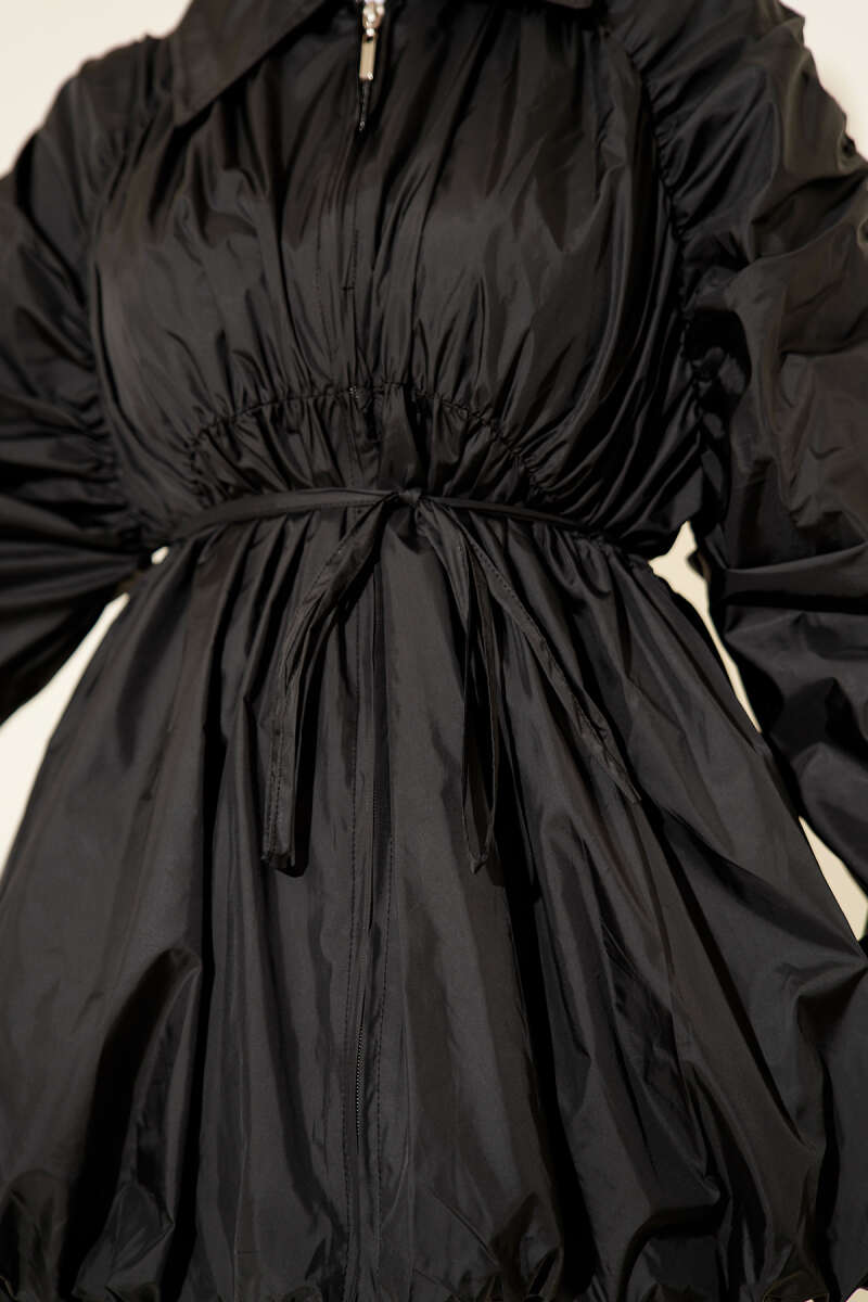 Zip Trench Coat with Gathered Sleeves - Black