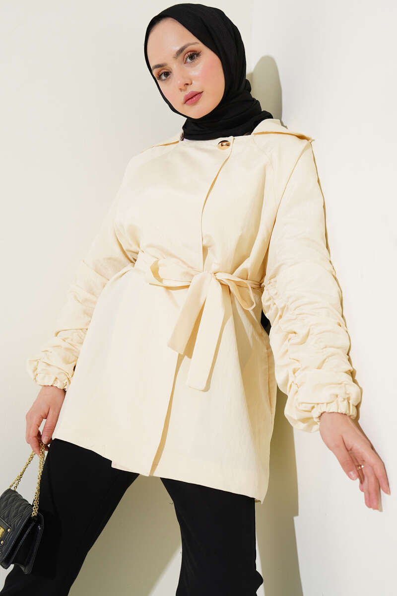 Belted Jacket with Gathered Sleeves - Beige