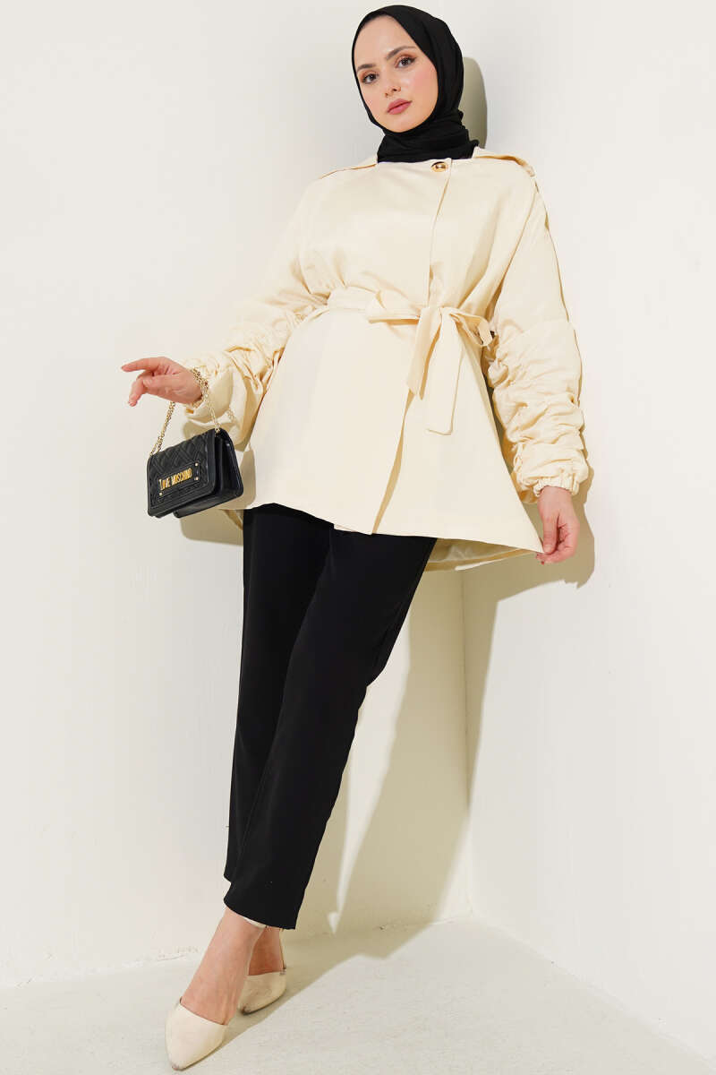 Belted Jacket with Gathered Sleeves - Beige