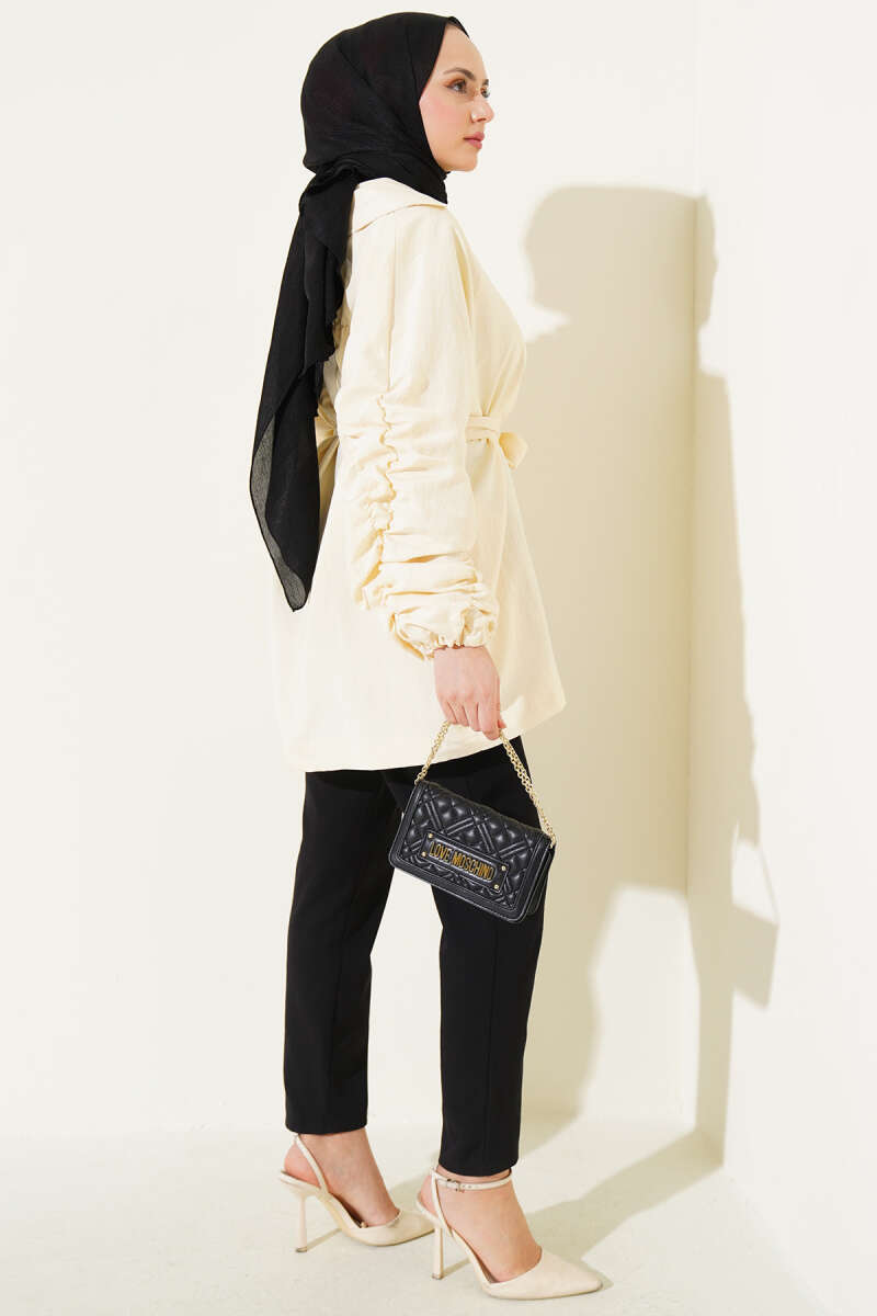 Belted Jacket with Gathered Sleeves - Beige
