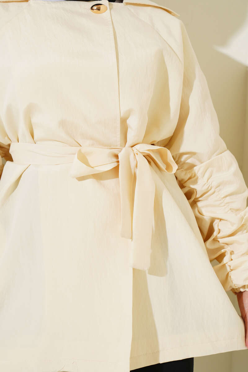Belted Jacket with Gathered Sleeves - Beige