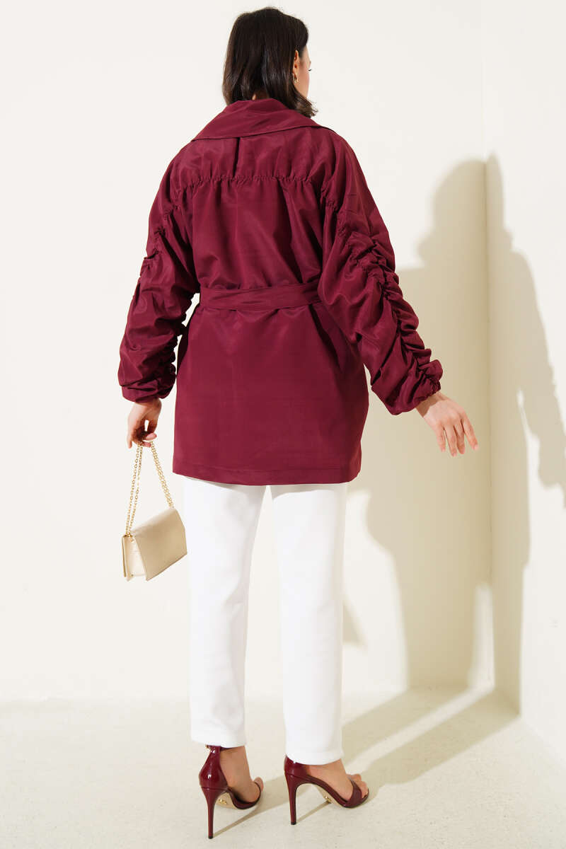 Belted Jacket with Gathered Sleeves - Burgundy