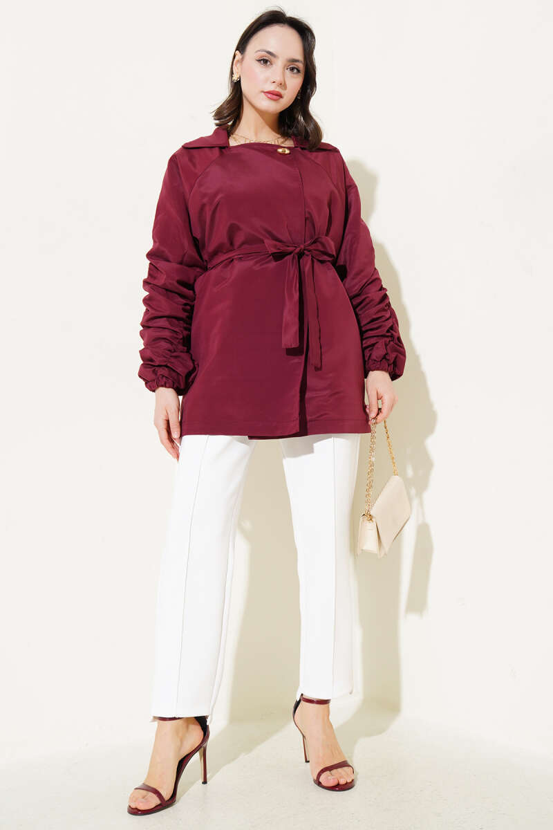 Belted Jacket with Gathered Sleeves - Burgundy