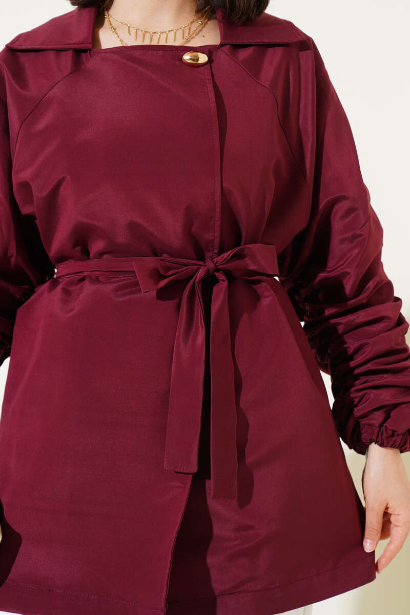 Belted Jacket with Gathered Sleeves - Burgundy