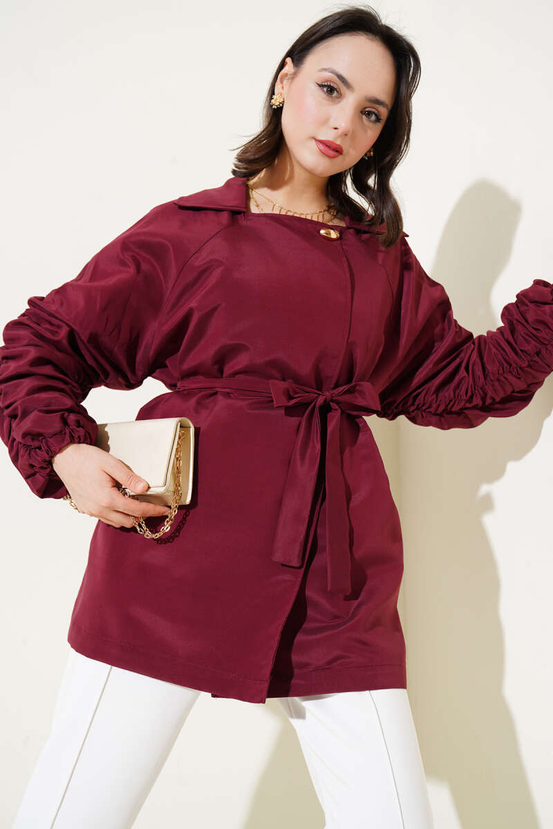 Belted Jacket with Gathered Sleeves - Burgundy