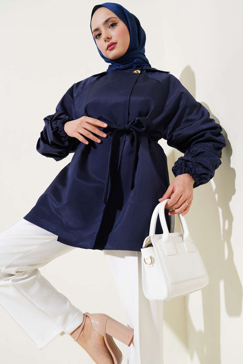 Belted Jacket with Gathered Sleeves - Navy