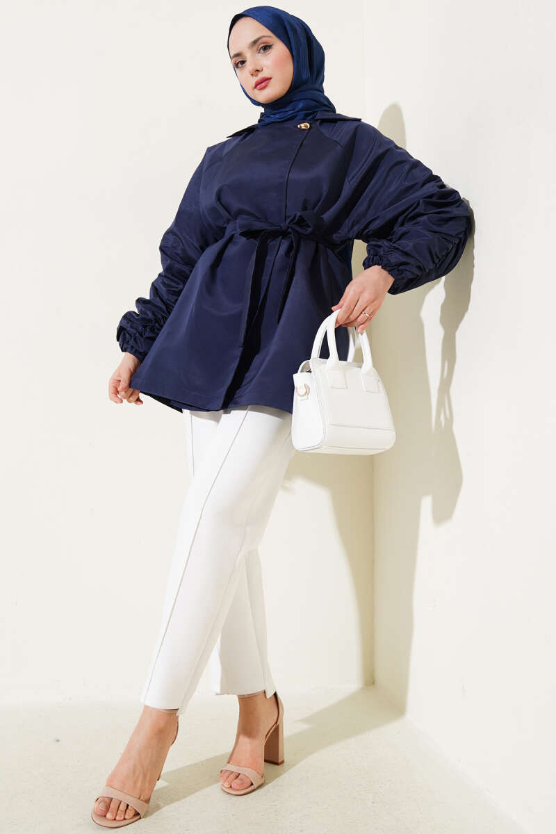 Belted Jacket with Gathered Sleeves - Navy