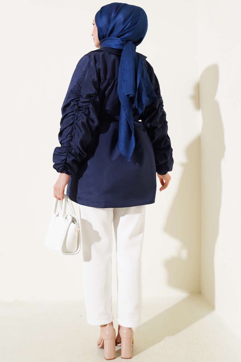 Belted Jacket with Gathered Sleeves - Navy