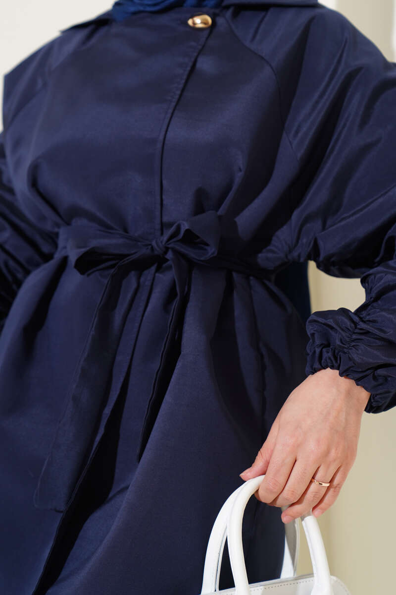 Belted Jacket with Gathered Sleeves - Navy