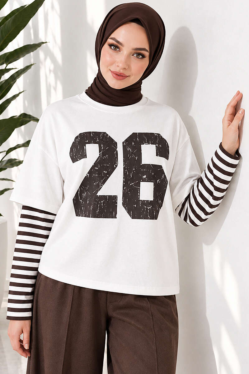 Printed Tunic with Striped Sleeves - Dark Brown