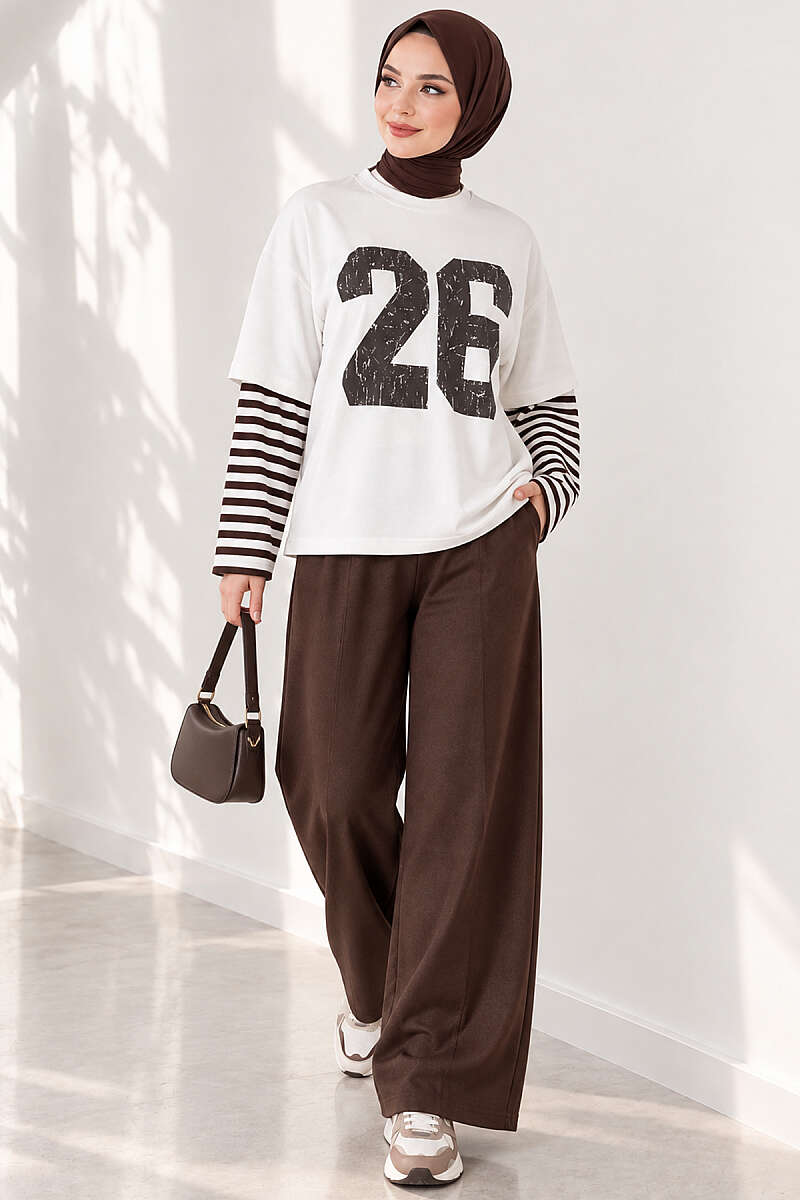 Printed Tunic with Striped Sleeves - Dark Brown