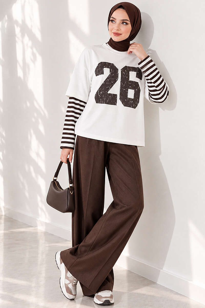 Printed Tunic with Striped Sleeves - Dark Brown