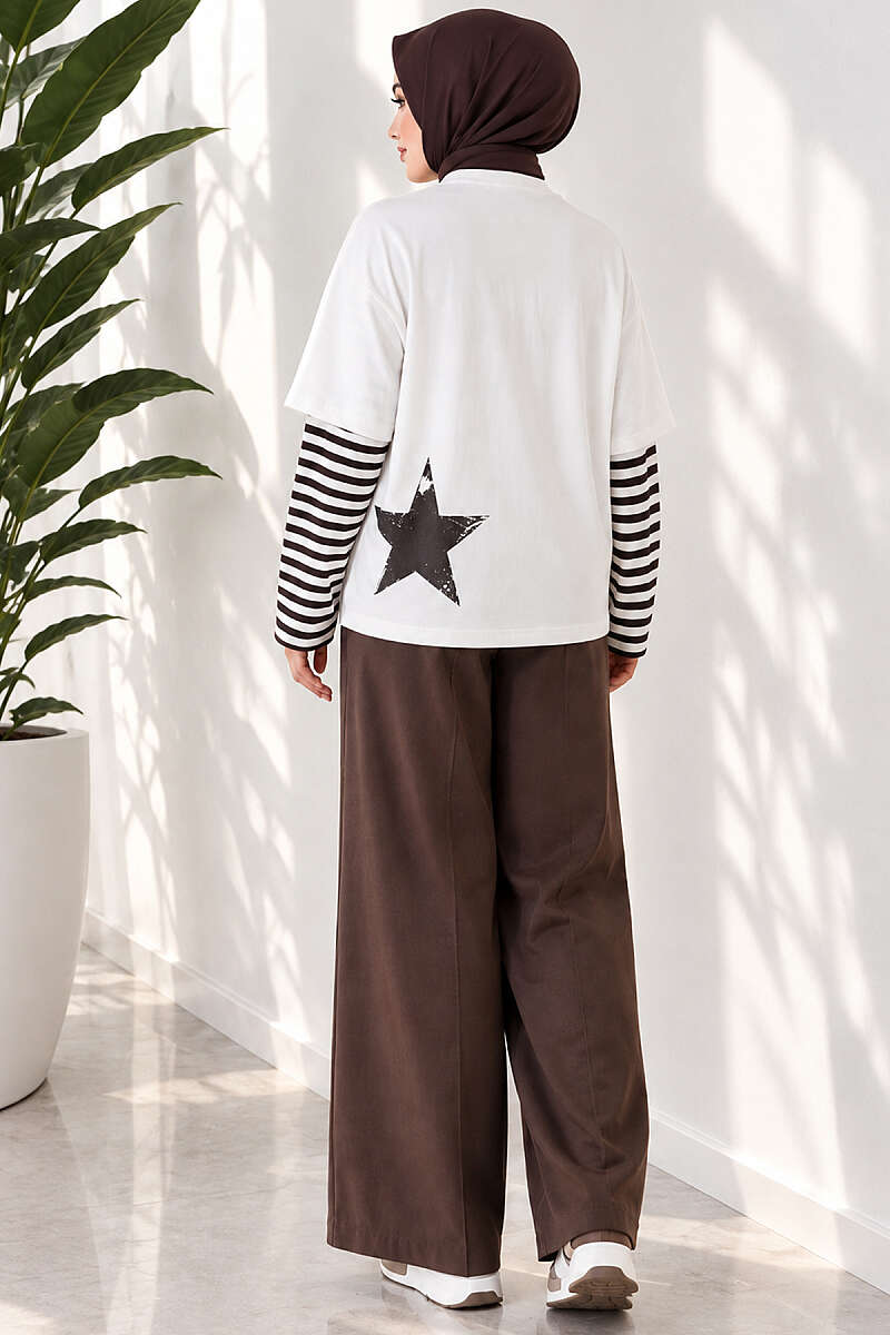 Printed Tunic with Striped Sleeves - Dark Brown