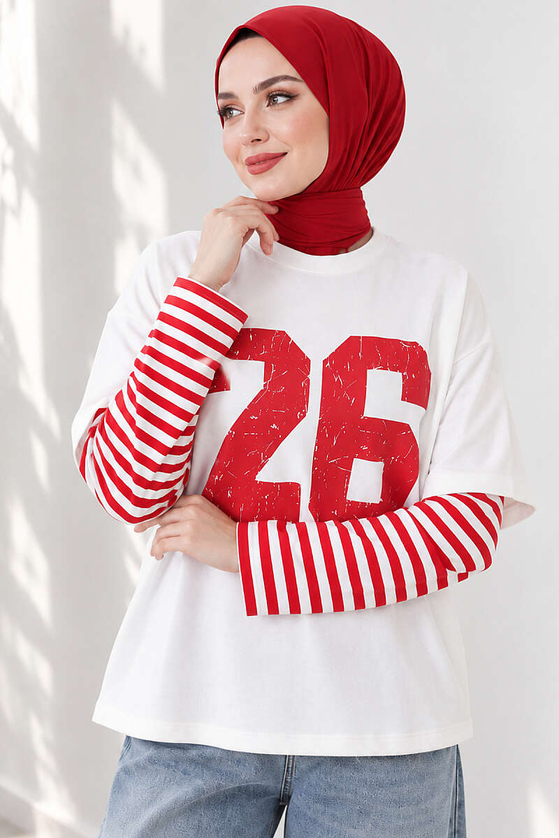 Printed Tunic with Striped Sleeves - Red
