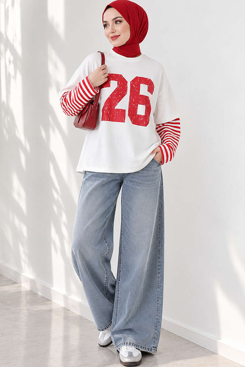 Printed Tunic with Striped Sleeves - Red