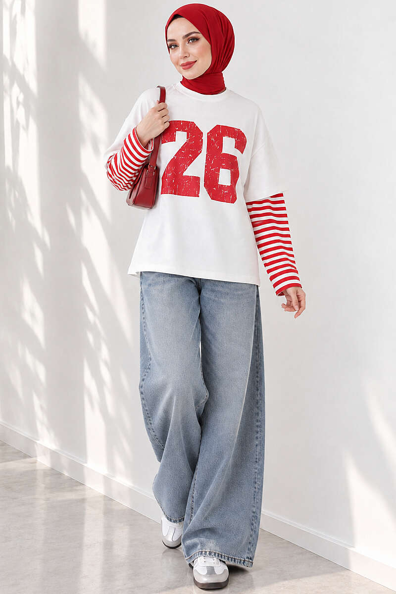 Printed Tunic with Striped Sleeves - Red
